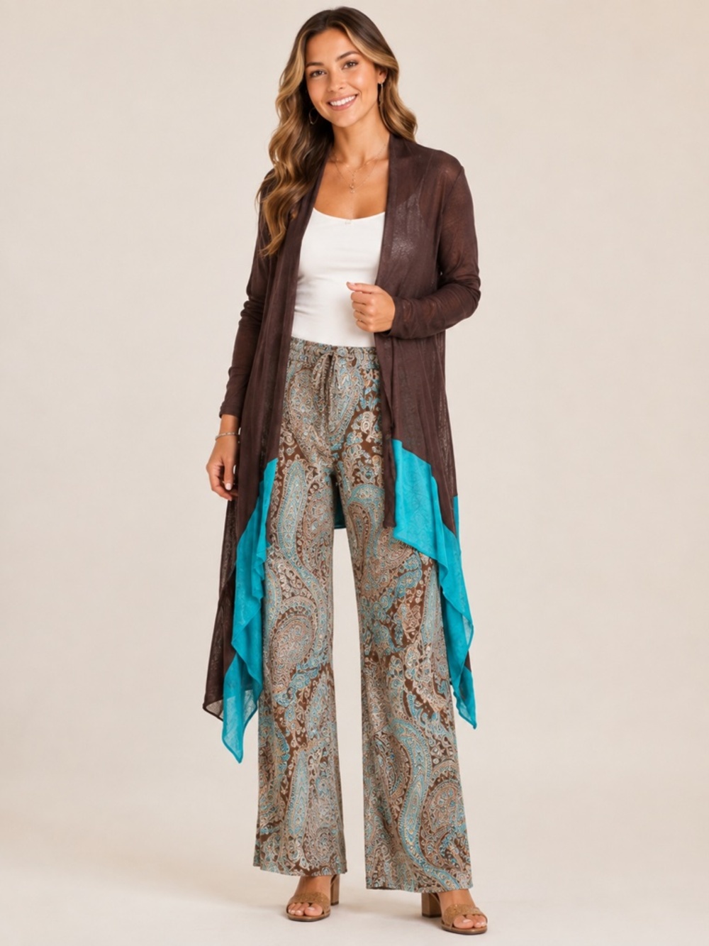 Ronit Zilkha - Linen Waterfall Cardigan in Brown & Turquoise-  SZ L